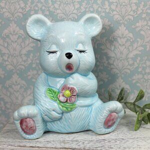 Vintage Ceramic "Piggy Bank" Blue Teddy Bear: Made in Taiwan Nursery Decor